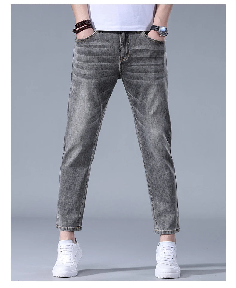 Classic five bag denim Ankle length Slim Fit Small Legs Skinny Men Stretch Jeans Vintage Men's Cropped  9 Points Retro Pants new