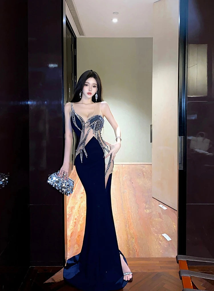 European and American style women exposed legs high fork slimming dress long skirt High end temperament socialite dress