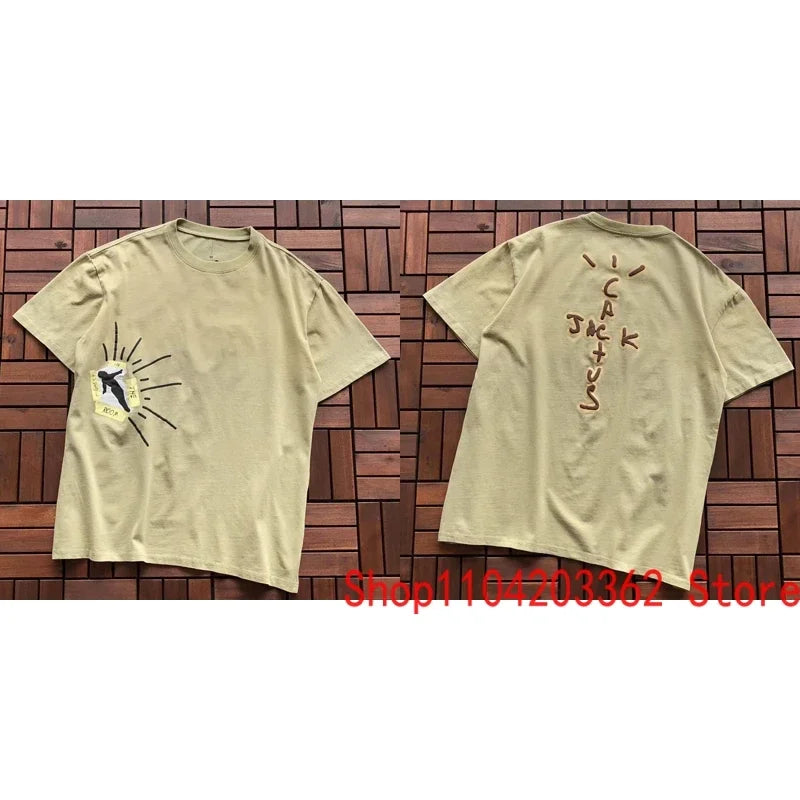 Real Photo CACTUS JACK T-shirt Vintage Grey-green Back Letter Logo Foaming Print Short Sleeve Men Women Cactus Jack Tops Tee