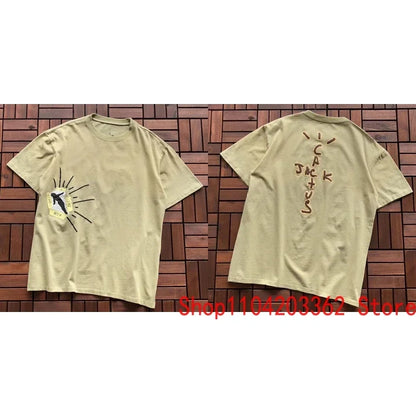 Real Photo CACTUS JACK T-shirt Vintage Grey-green Back Letter Logo Foaming Print Short Sleeve Men Women Cactus Jack Tops Tee