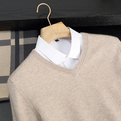 Autumn/Winter New Men's 100% Cashmere Pullover Business Casual Solid Knitted Sweater Loose V-neck Tops Basic Thick Warm Jumper