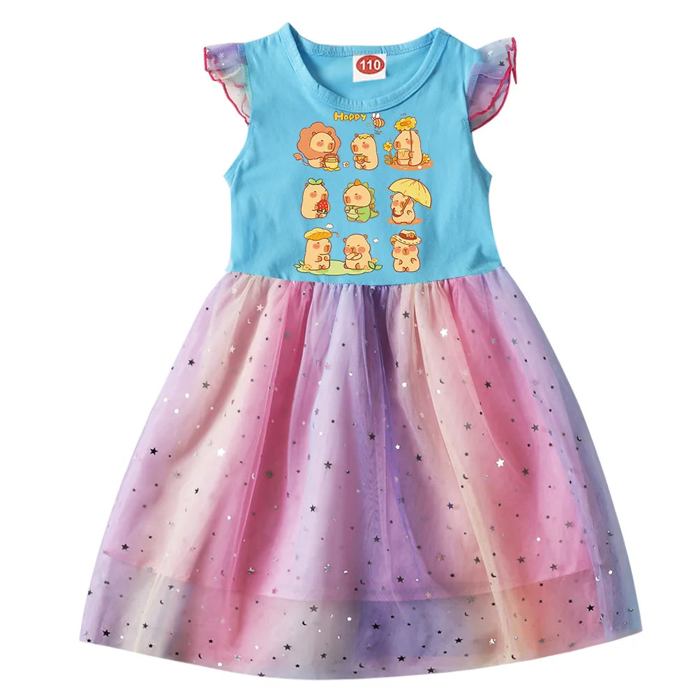 Capybara Clothes Kids Summer Short Sleeve Casual Dresses Baby Girls Lovely Capivara Dress Girl Birthday Gift Princess Vestidos