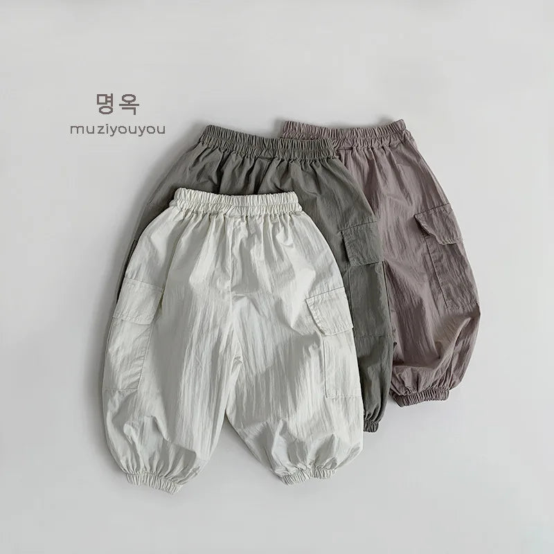 2025 Summer New Children Casual Pants Vintage Girls Cargo Pants Solid Boys Trousers Thin Cotton Kids Mosquito Pants Baby Clothes