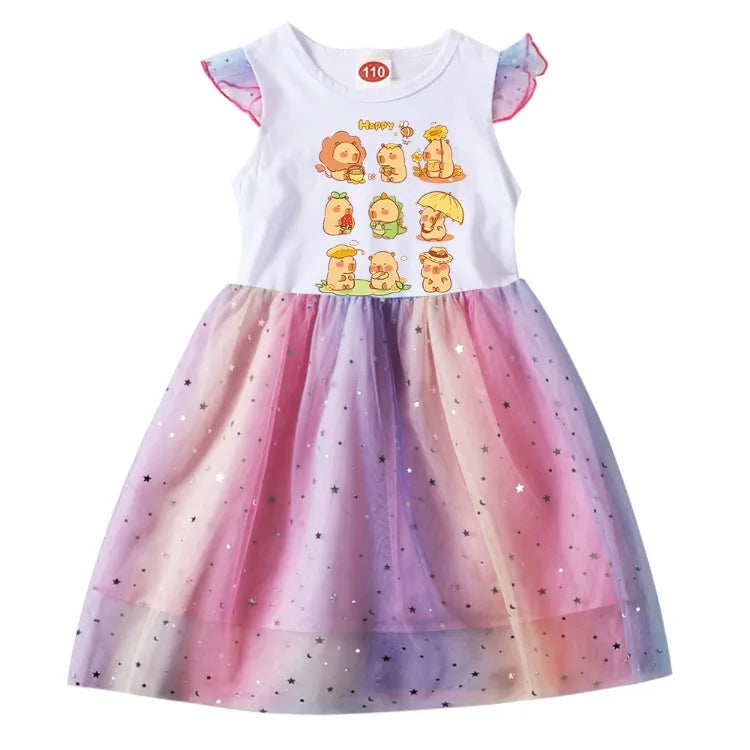 Capybara Clothes Kids Summer Short Sleeve Casual Dresses Baby Girls Lovely Capivara Dress Girl Birthday Gift Princess Vestidos