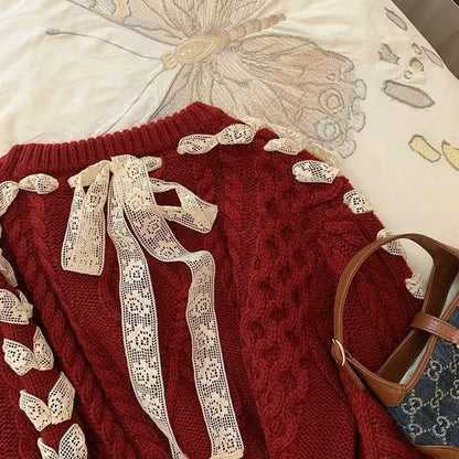 Red Twist Strap Sweater for Women 2023 Spring and Autumn Winter Christmas Sweet Bow Knitting Pullover Oversize Women Pull Femme
