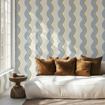 Retro Wavy Lines Regular Wallpaper in Blue, Brown and Beige, Bold Stripes Wall Cover, Funky Temporary Accent Traditional Paper