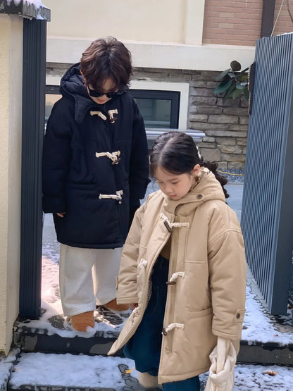 Winter Korean Children Boy Parkas Cotton Padded Thicken Hooded Toddler Boy Snowwear Coat Casual Solid Horn Button Kid Boy Jacket