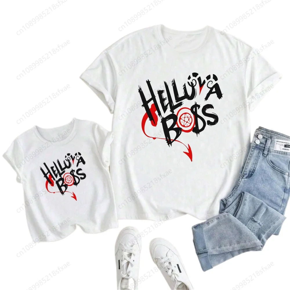 Kids White Tshirt Girls Boys Summer Tops Cartoon Printed Helluva Boss Casual Short Sleeve Kids Baby T-shirt Children Clothes
