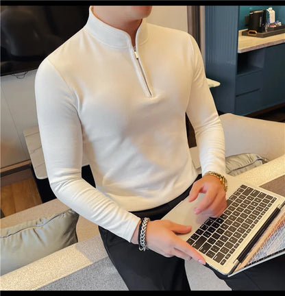 Men's Half Zipper Long Sleeved T-shirt Autumn Winter New Pure Color Thicken Slim Fit Elastic Fashionable Versatile T-Shirt