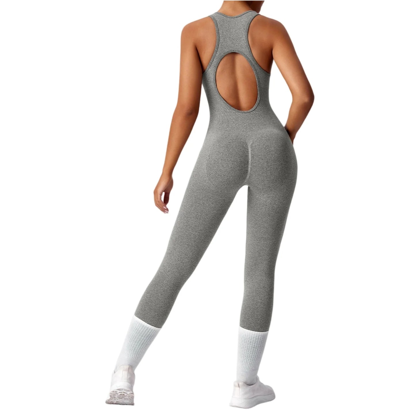 Women's Fashionable Solid Color Round Neck Tight Back Yoga Suit Yoga Jumpsuit Sports Overalls Gym Clothing Set Sexy Yoga Clothes