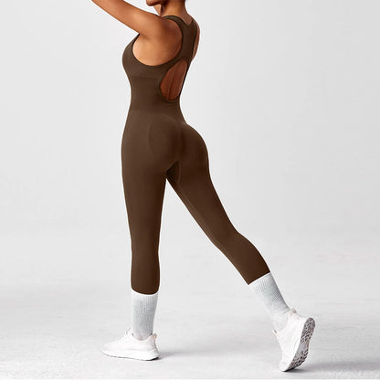 Women's Fashionable Solid Color Round Neck Tight Back Yoga Suit Yoga Jumpsuit Sports Overalls Gym Clothing Set Sexy Yoga Clothes