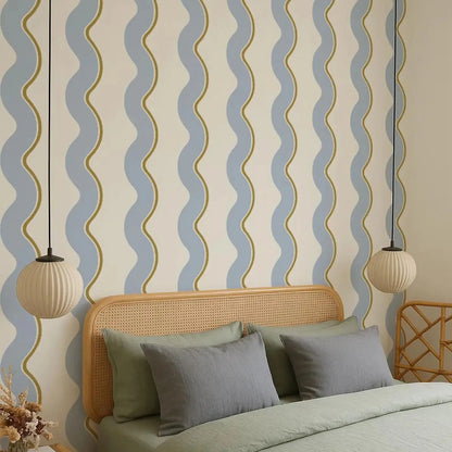 Retro Wavy Lines Regular Wallpaper in Blue, Brown and Beige, Bold Stripes Wall Cover, Funky Temporary Accent Traditional Paper