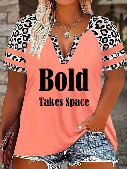 Plus size women's V-neck letter printed vacancies sleeve leopard striped top loose casual short-sleeved T-shirt