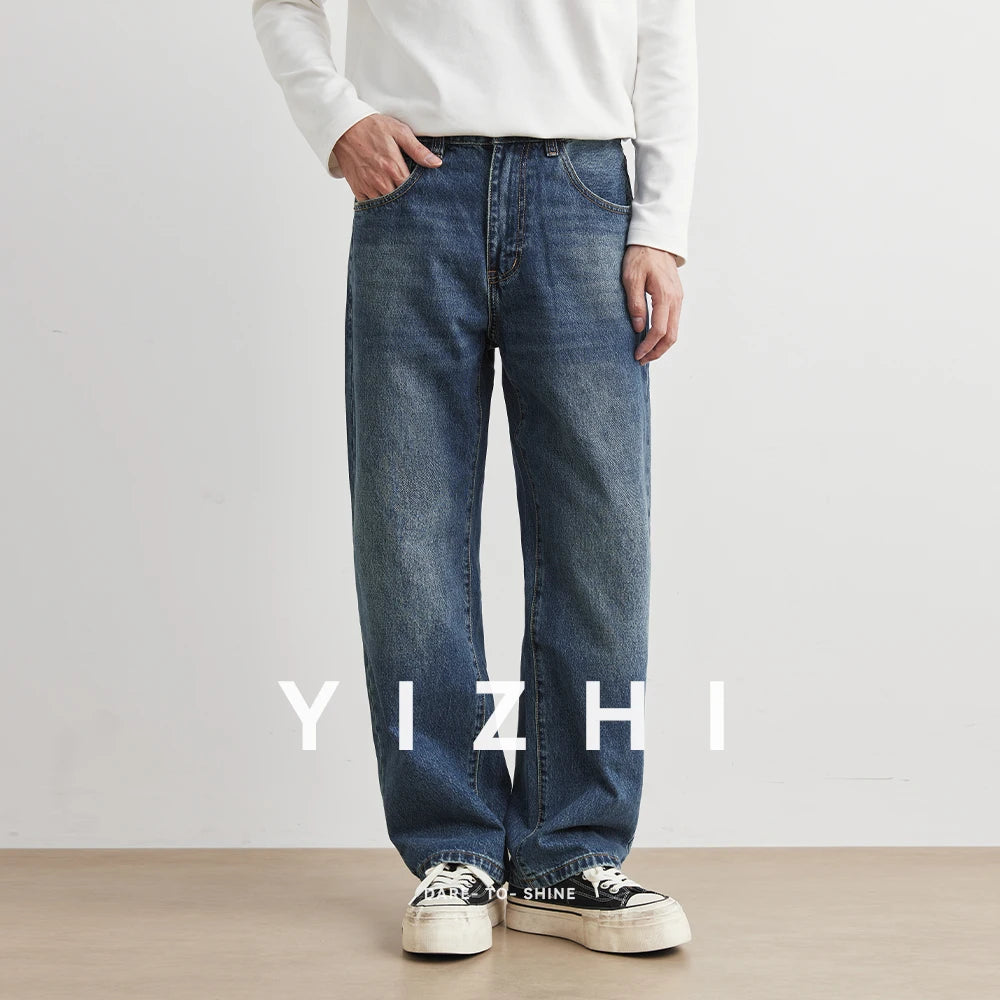 Blue Washed American Style Men's Jeans Straight Leg Loose Wide Leg Pants Retro Trendy Brand Casual Wear All Seasons Size Plus