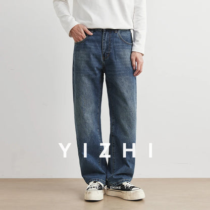 Blue Washed American Style Men's Jeans Straight Leg Loose Wide Leg Pants Retro Trendy Brand Casual Wear All Seasons Size Plus