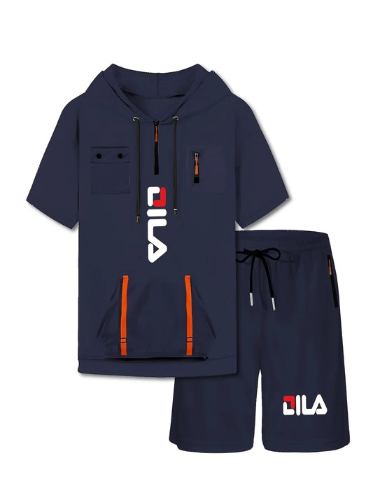 Summer Print Men's 2-piece Set Hooded Streamer Pocket Short Sleeve and Trouble Shorts Comfortable Loose T-Shirt Short Sleeve Set