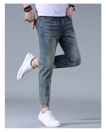 Classic five bag denim Ankle length Slim Fit Small Legs Skinny Men Stretch Jeans Vintage Men's Cropped  9 Points Retro Pants new