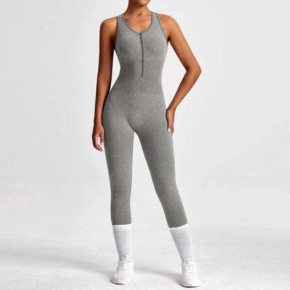 Women's Fashionable Solid Color Round Neck Tight Back Yoga Suit Yoga Jumpsuit Sports Overalls Gym Clothing Set Sexy Yoga Clothes