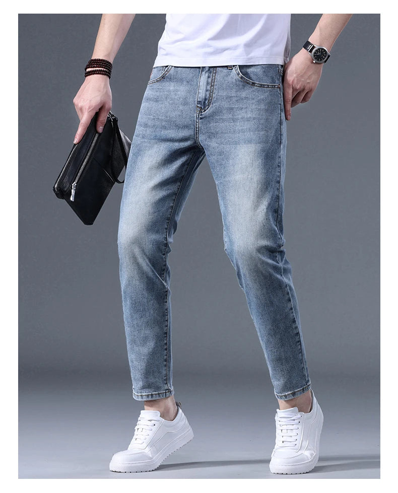 Classic five bag denim Ankle length Slim Fit Small Legs Skinny Men Stretch Jeans Vintage Men's Cropped  9 Points Retro Pants new