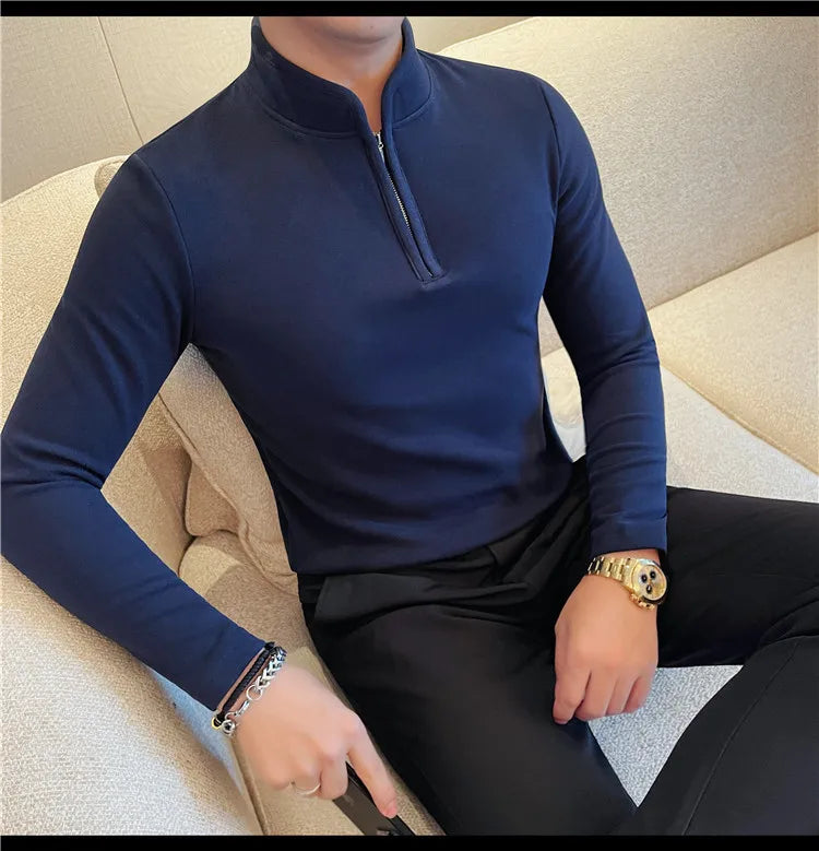 Men's Half Zipper Long Sleeved T-shirt Autumn Winter New Pure Color Thicken Slim Fit Elastic Fashionable Versatile T-Shirt