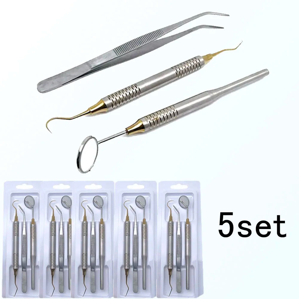 Dental Tools Set 5pc Stainless Steel Mouth Mirror Tweezers Curve Probe for Professional Teeth Cleaning Durable