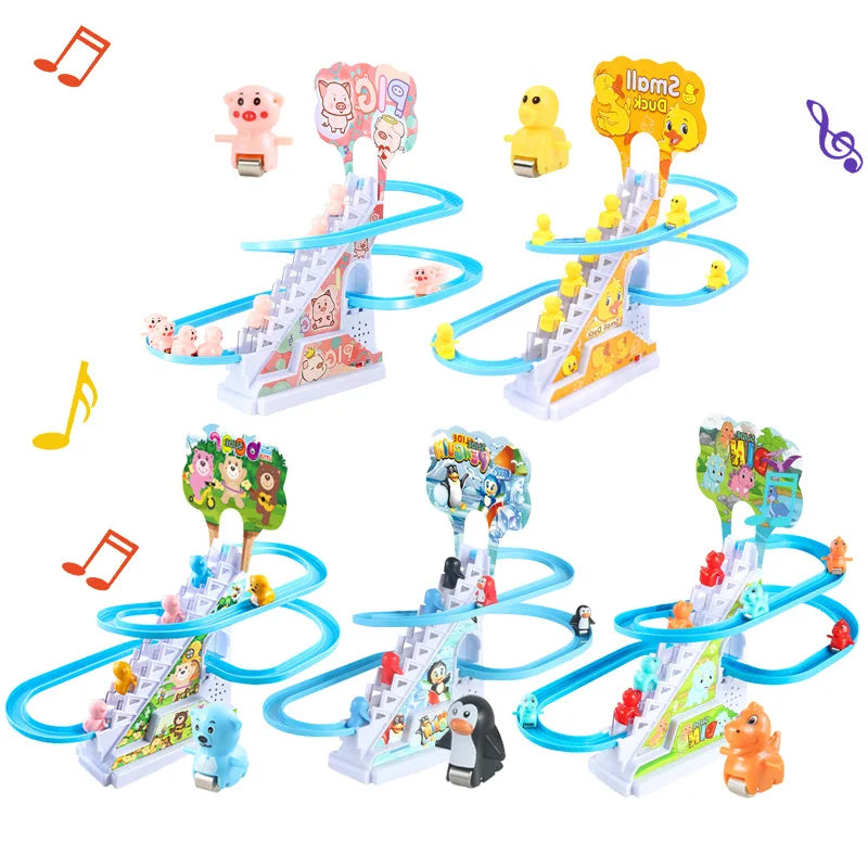 Electric Duck Track Rail Racing Slide Duckling Climbing Stairs Baby Toy LED Lights Musical Slide Roller Coaster Toys for Gift