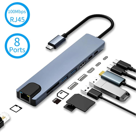 Type C 3.1 Hub 8 In 1 USB C To 4K HDMI Adapter with RJ45 SD/TF Card Reader PD Fast Charge for MacBook Notebook Laptop Computer