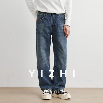 Blue Washed American Style Men's Jeans Straight Leg Loose Wide Leg Pants Retro Trendy Brand Casual Wear All Seasons Size Plus