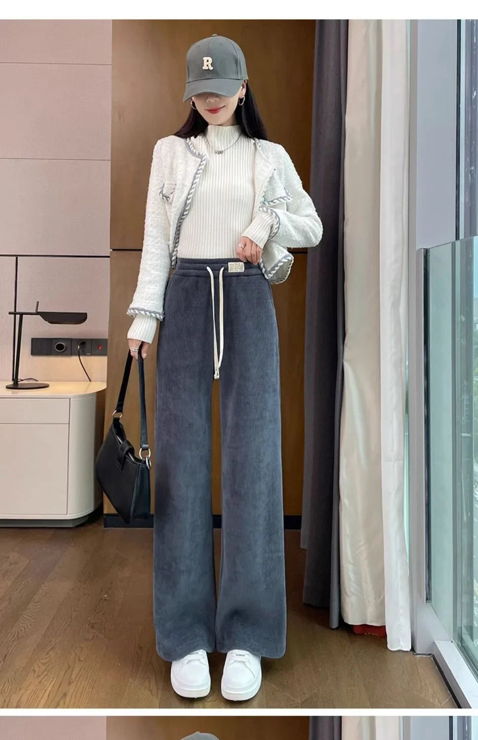 Thickened Corduroy Wide Leg Pants Women's Spring Autumn Fleece Lined Straight Narrow Version Winter Comfortable Trousers