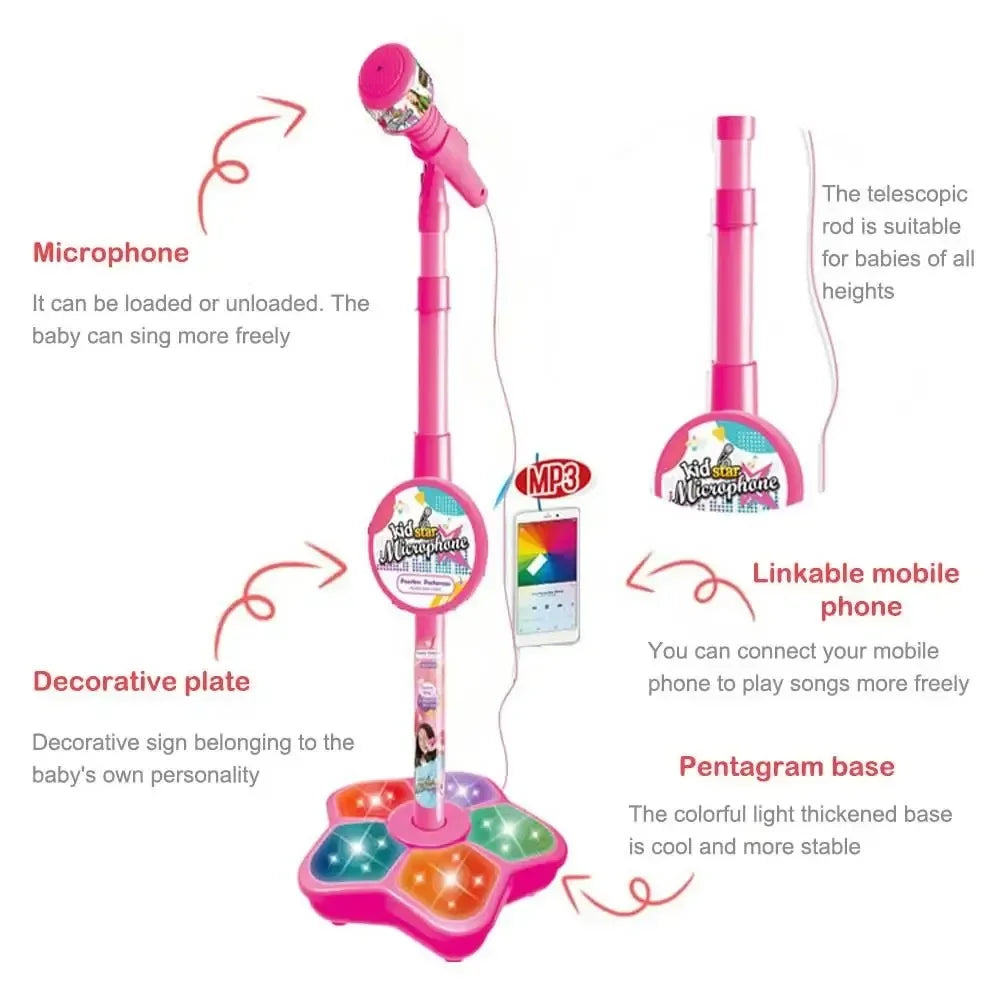 Kids Microphone with Stand Karaoke Song Vertical Mic Music Instrument Toys Brain-Training Educational Toy Birthday Gift Girl Boy