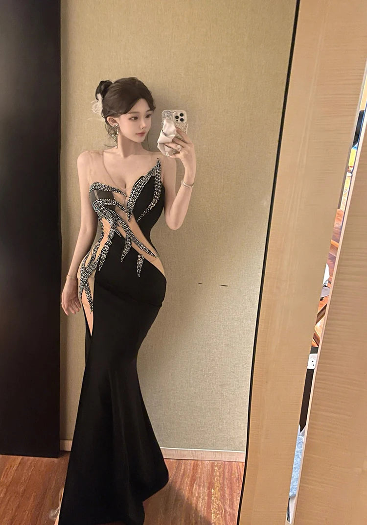 European and American style women exposed legs high fork slimming dress long skirt High end temperament socialite dress