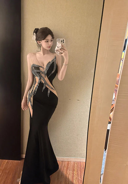 European and American style women exposed legs high fork slimming dress long skirt High end temperament socialite dress