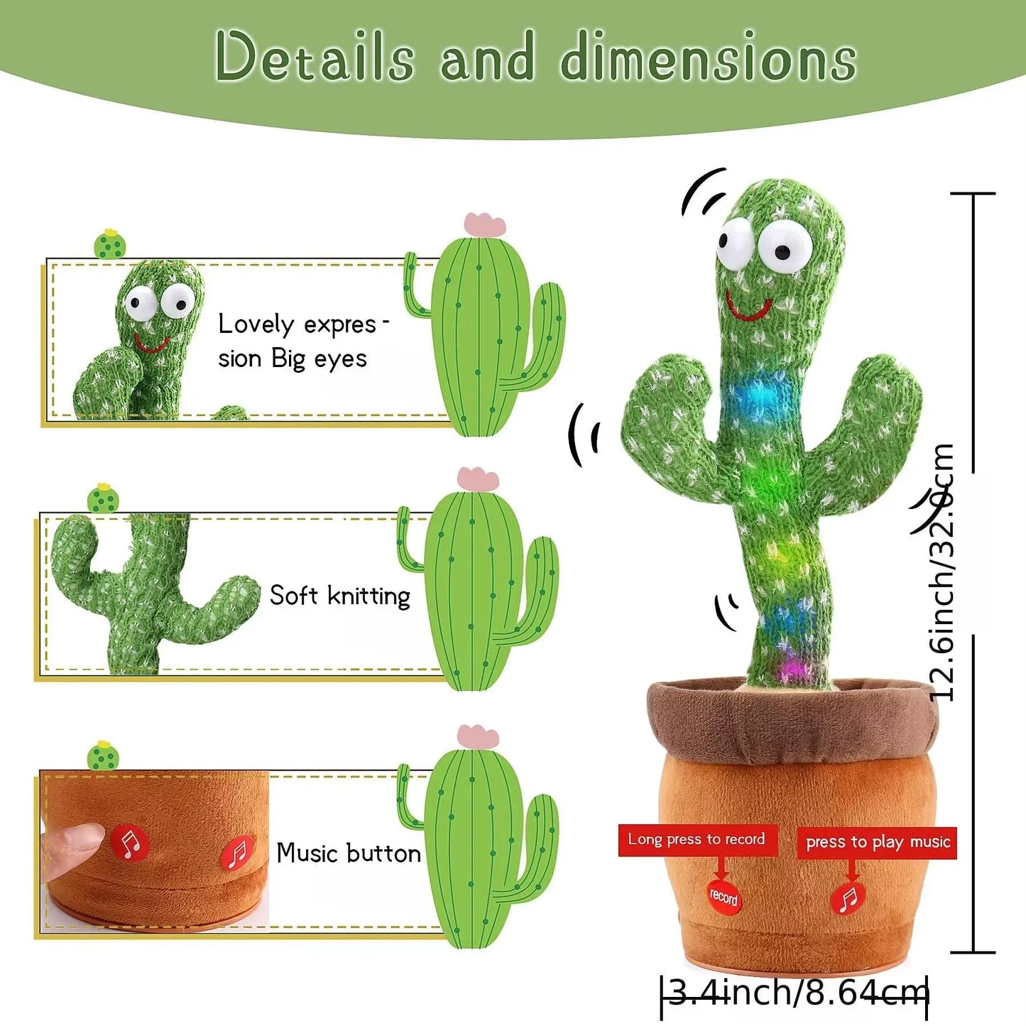 Dancing Cactus Toys Rechargeable Repeat Talking Plush Toy Singing Imitation Recording USB Baby Toy Early Education Funny Gifts