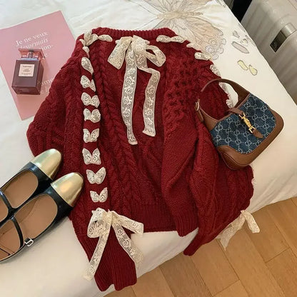 Red Twist Strap Sweater for Women 2023 Spring and Autumn Winter Christmas Sweet Bow Knitting Pullover Oversize Women Pull Femme