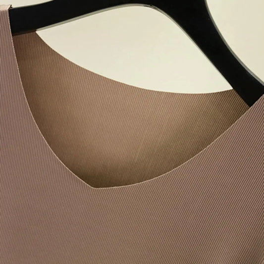 2 Pcs/Set Summer Women T-shirt Pants Set Pleated V Neck Short Sleeves Top Trousers Set Thin Solid Color Wide Leg Lady Outfit