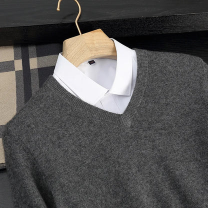 Autumn/Winter New Men's 100% Cashmere Pullover Business Casual Solid Knitted Sweater Loose V-neck Tops Basic Thick Warm Jumper