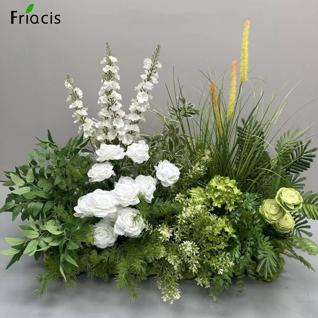 Green Plants Leaf Rose Flower Row Wedding Silk Table Floral Commercial Plaza Partition Hotel Scene Layout Floor Flowers Decor