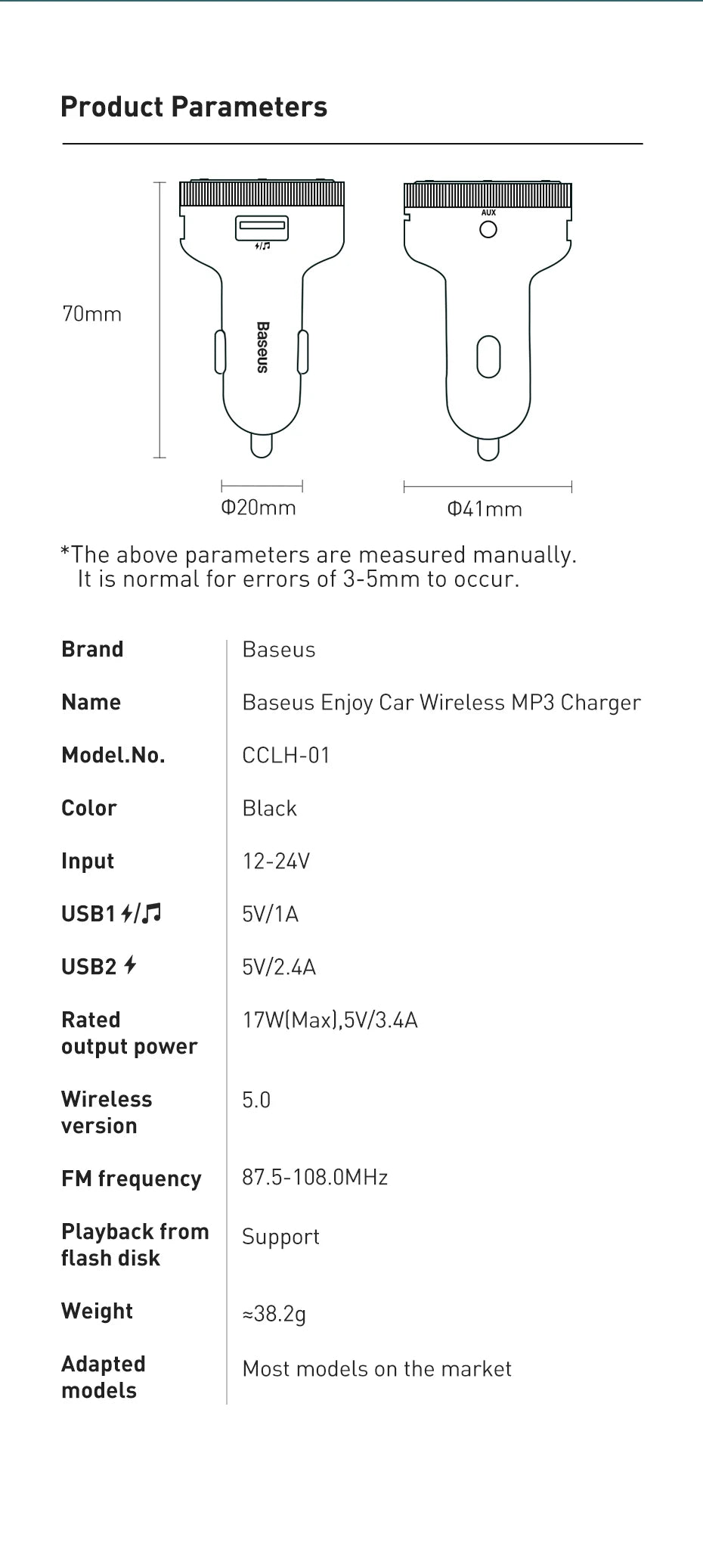 Baseus FM Transmitter Car Wireless Bluetooth 5.0 FM Aux Radio Modulator USB Fast Charger Auto HandsFree Audio MP3 Player Car Kit