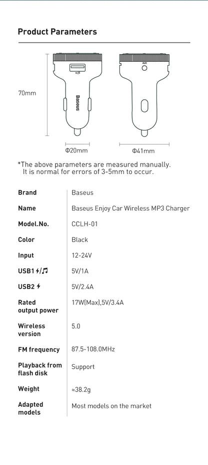 Baseus FM Transmitter Car Wireless Bluetooth 5.0 FM Aux Radio Modulator USB Fast Charger Auto HandsFree Audio MP3 Player Car Kit