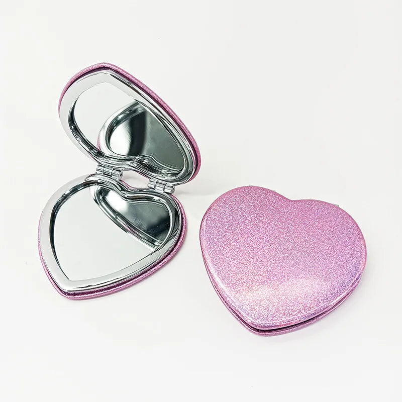 1PC Heart Shape Loose Powder Double Sided Makeup Mirror Portable For Girlfriend Mum Wife Teacher Sister Auntie Birthday Wedding