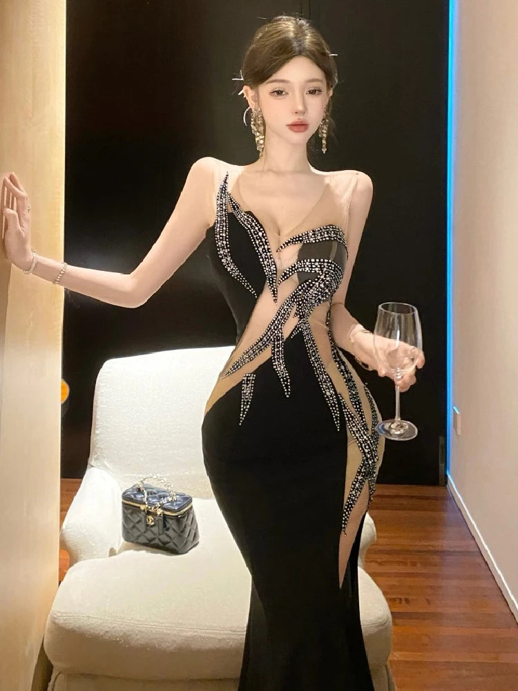 European and American style women exposed legs high fork slimming dress long skirt High end temperament socialite dress