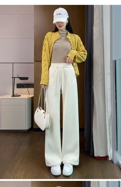 Thickened Corduroy Wide Leg Pants Women's Spring Autumn Fleece Lined Straight Narrow Version Winter Comfortable Trousers