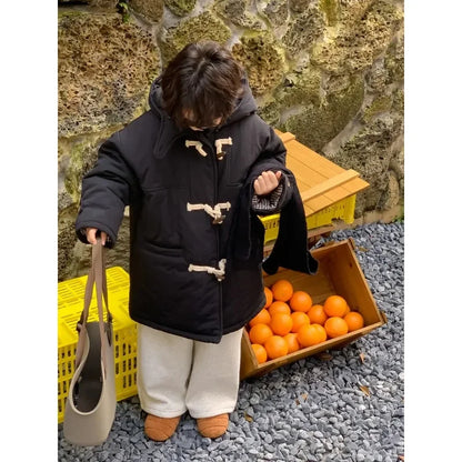 Winter Korean Children Boy Parkas Cotton Padded Thicken Hooded Toddler Boy Snowwear Coat Casual Solid Horn Button Kid Boy Jacket