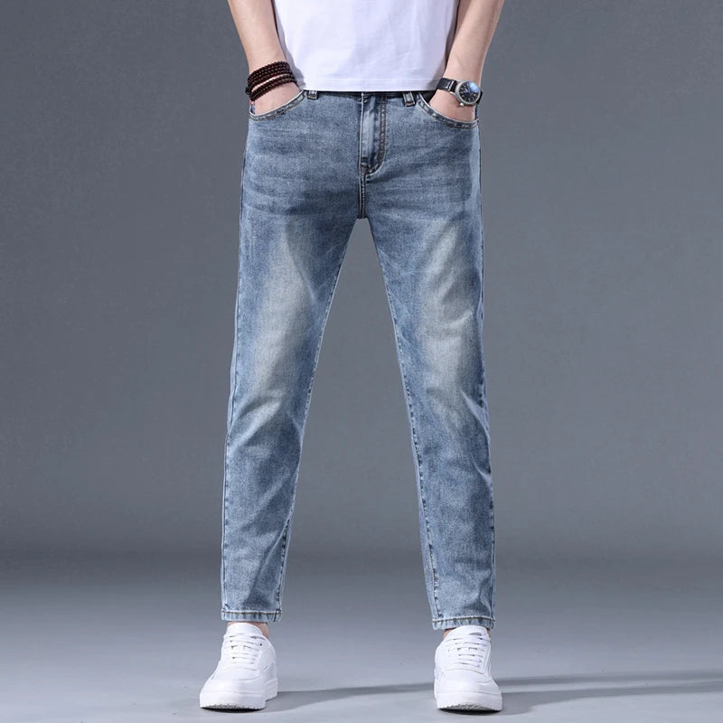 Classic five bag denim Ankle length Slim Fit Small Legs Skinny Men Stretch Jeans Vintage Men's Cropped  9 Points Retro Pants new