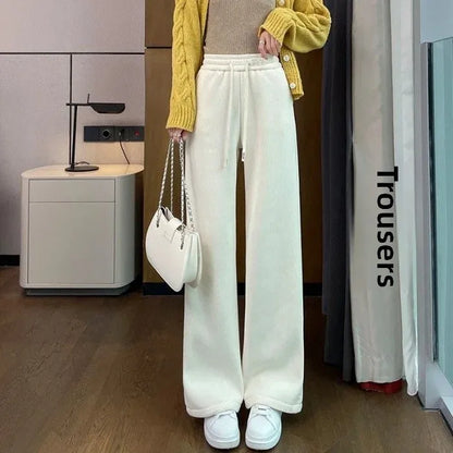 Thickened Corduroy Wide Leg Pants Women's Spring Autumn Fleece Lined Straight Narrow Version Winter Comfortable Trousers