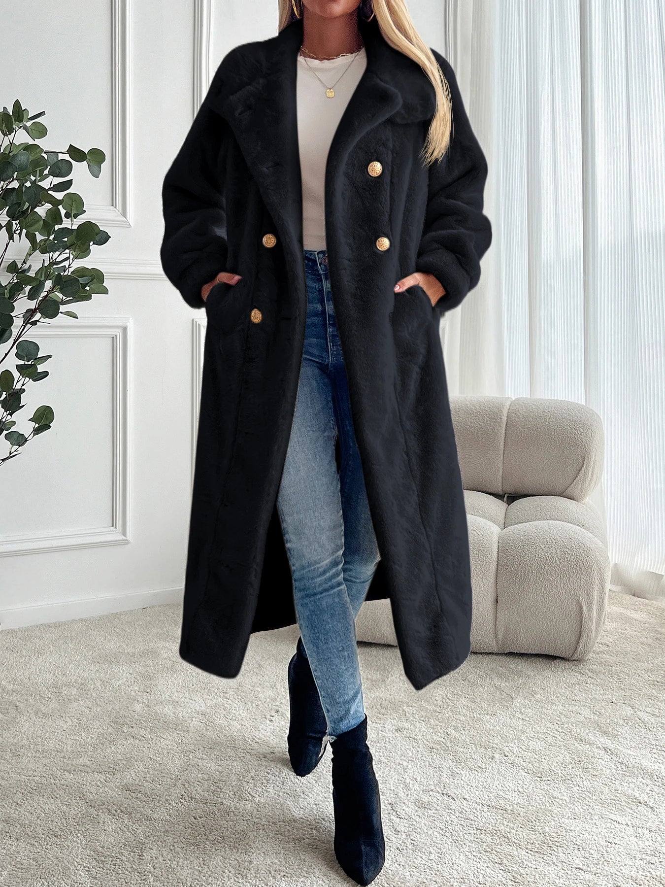 Faux fur coat long coat women's lapel double-breasted loose warm high-end atmospheric coat jacket 24 autumn and winter new