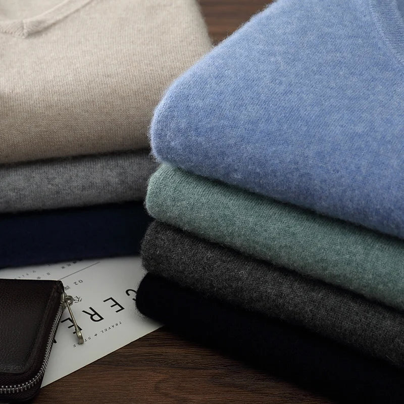 Autumn/Winter New Men's 100% Cashmere Pullover Business Casual Solid Knitted Sweater Loose V-neck Tops Basic Thick Warm Jumper