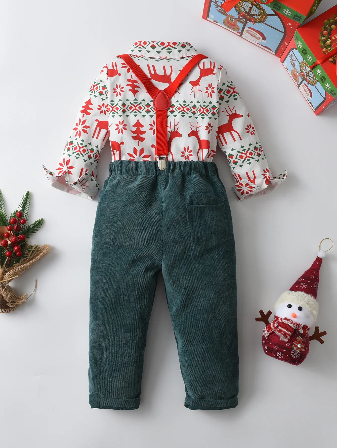 Boys' Christmas Print Set Children Boutique Clothing Suit 1-6 Years Baby Infant Green Corduroy Pants Outfit Festival Costume