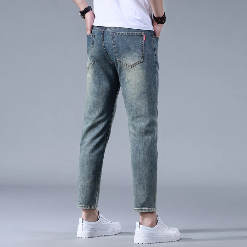 Classic five bag denim Ankle length Slim Fit Small Legs Skinny Men Stretch Jeans Vintage Men's Cropped  9 Points Retro Pants new
