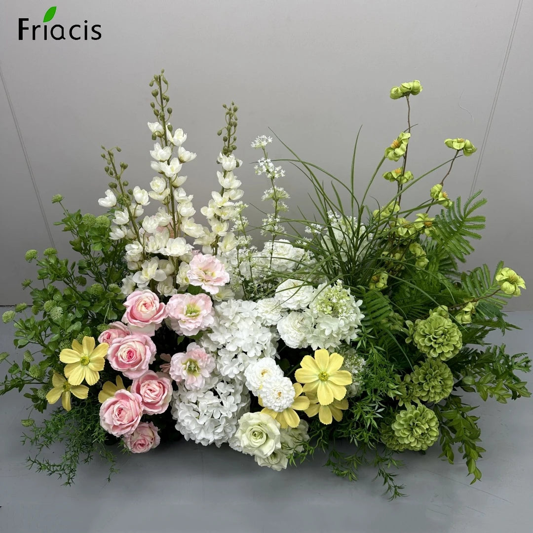 Green Plants Leaf Rose Flower Row Wedding Silk Table Floral Commercial Plaza Partition Hotel Scene Layout Floor Flowers Decor